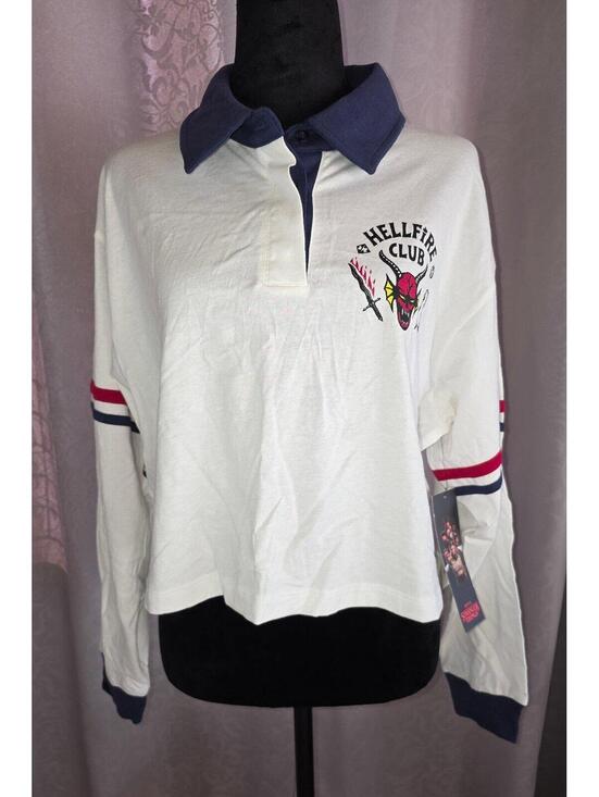 No Boundaries Tops - Women’s Netflix Stranger Things Cotton Rugby Graphic Polo from No Boundaries-LG
